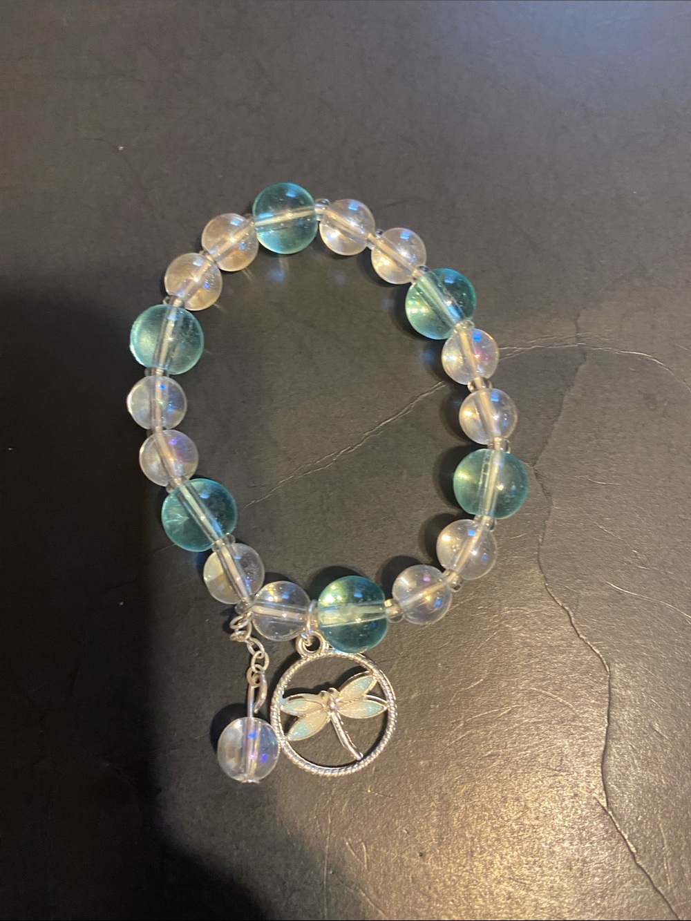 Clear and Teal Glass Bead Dragonfly Charm Bracelet